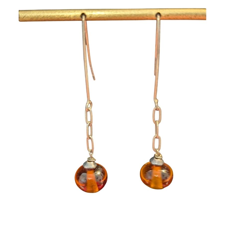Vintage Amber Glass Bead Chain Dangle Earrings